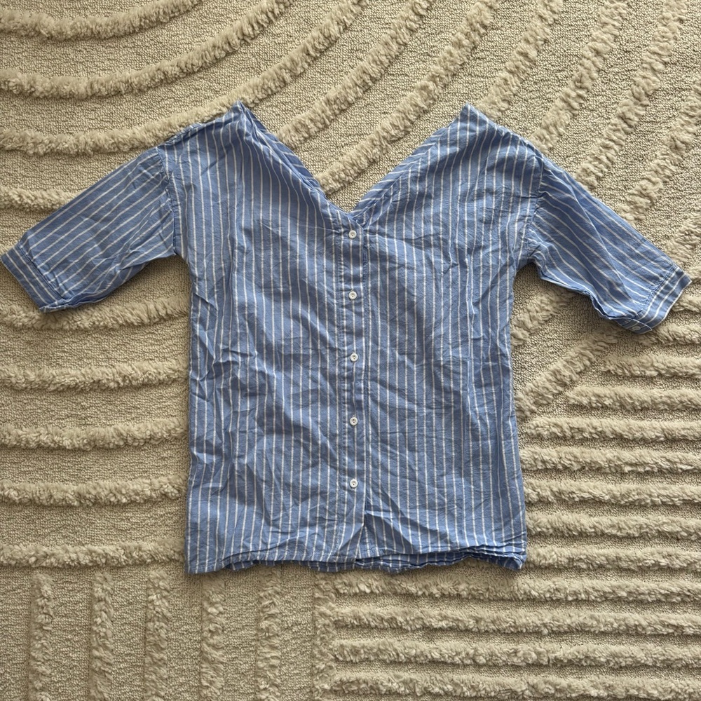 Fashion Nova 100% Cotton Blue Striped Off The Shoulder Button Up Top Size XS